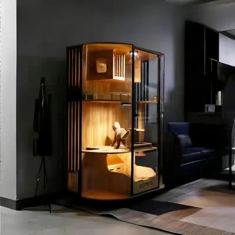 Original Curved Panoramic Cat Villa Glass Transparent Luxury Solid Wood Cat Cabinet Cattery Cat Coffee Showcase