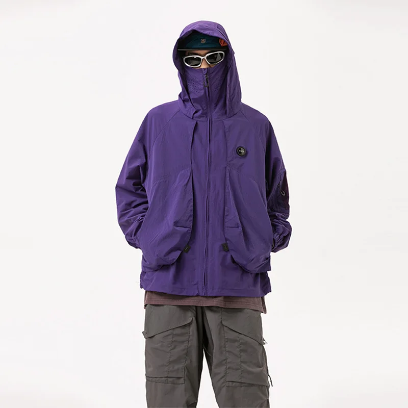 Women Outdoor Functional Sunscreen Sport Loose Casual Lightweight Breathable Quick Dry Techwear Hooded Cargo Jacket Men Coat