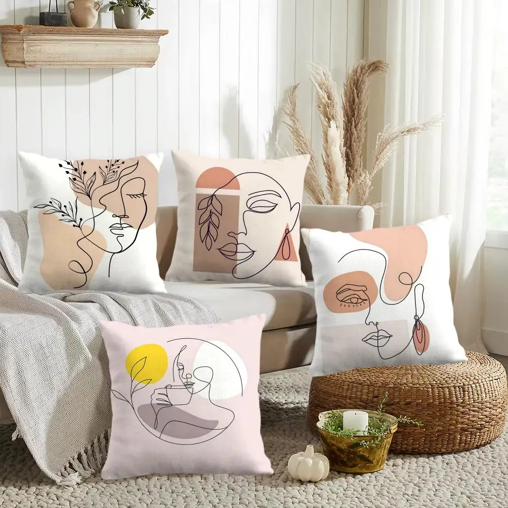 Abstract Face Collection Print Cushion Cover Double-Sided Printed Organic Linen Pillow Cover, Decorative for Sofa Home