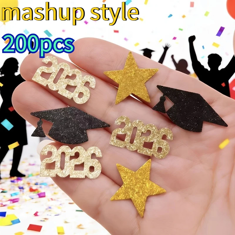 200 pièces de confettis pour fête de remise des diplômes – 2026 Chapeau de docteur et étoile, 3 styles assortis, décoration de table pour événements de saison de remise des diplômes
