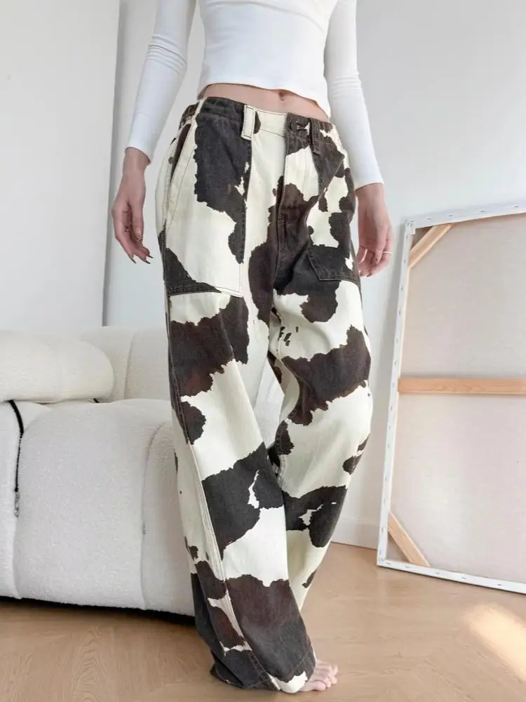 

Women Cow Print Baggy Jeans High Quality Cotton Straight Leg Trousers Korean Fashion Casual Pants for Ladies