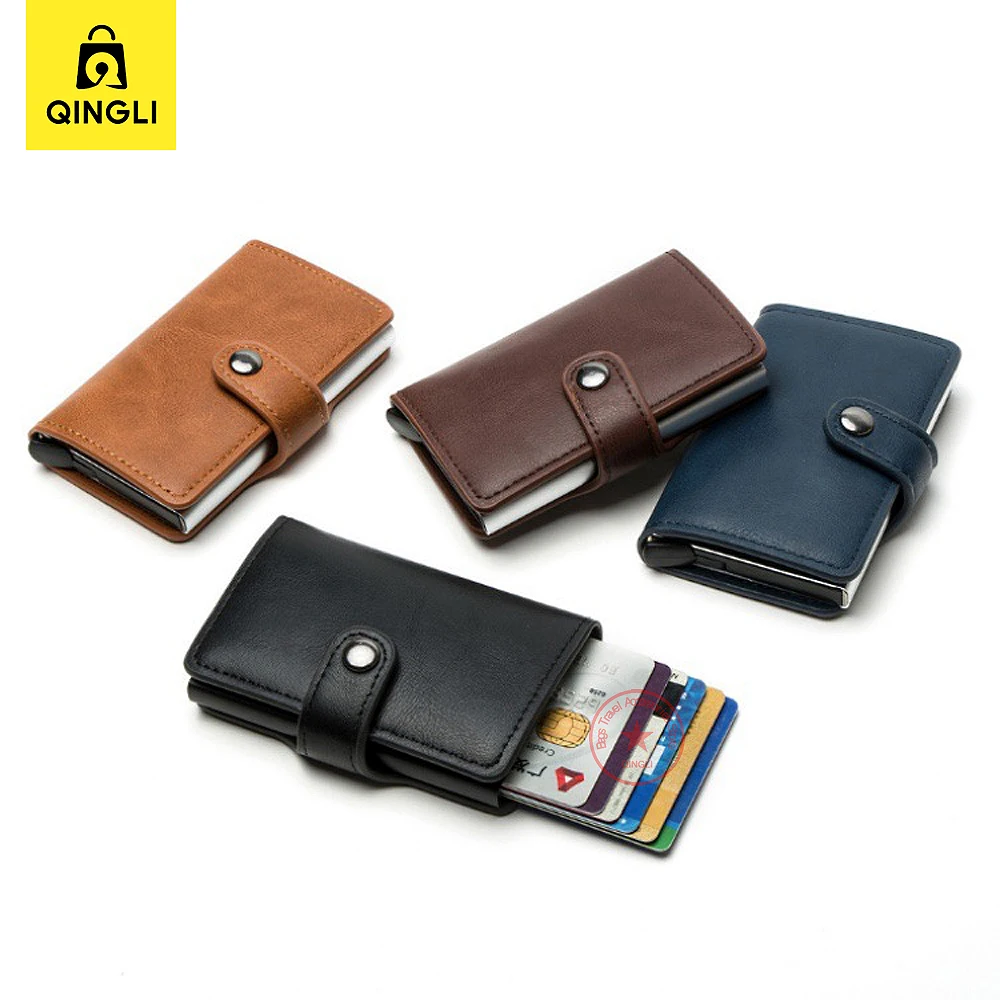 Pop-up Antitheft RFID Card Holder Aluminum Alloy Business Card Case Men Hasp Folding Leather Credit Card Wallet Women Mini Purse