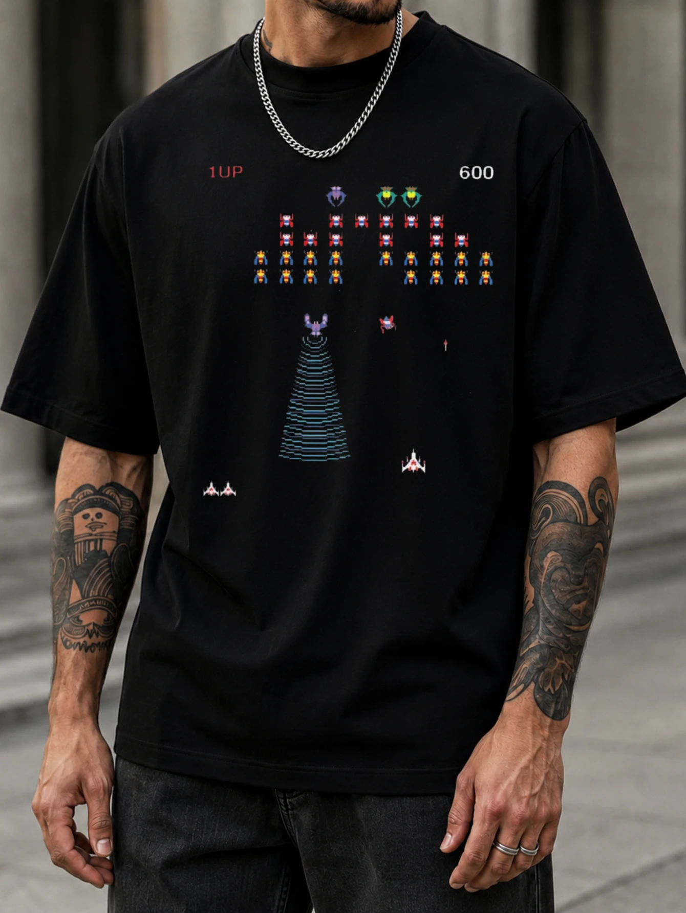 Men's Galaga 1UP 600-Level Game Screen T-Shirt – Retro Arcade Style Casual Tee Featuring Laser Spaceship and Aliens