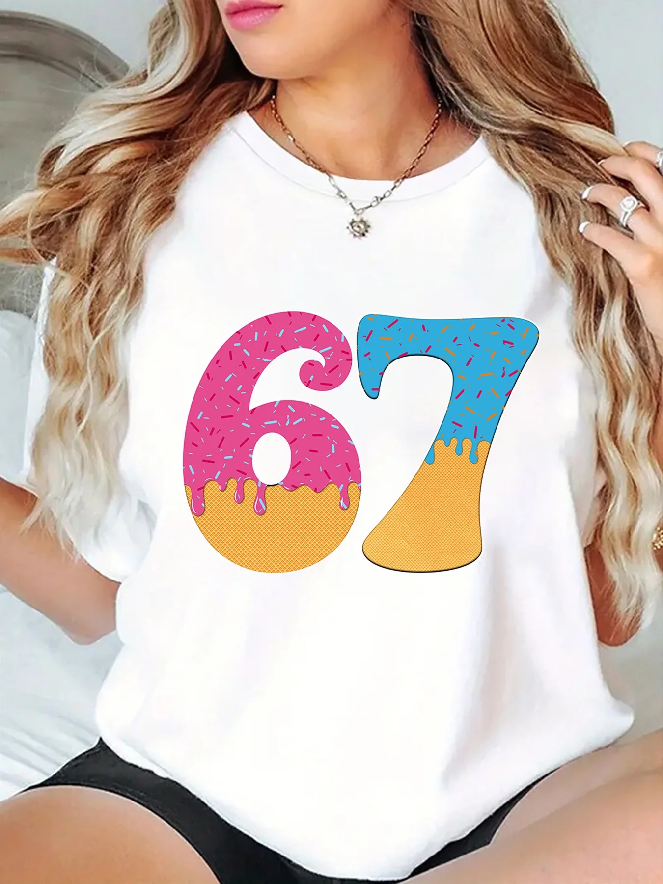 Cute Candy Drip Number 67 With Colorful Sugar Sprinkles Art Print Graphic Ladies T Shirt Short Sleeve Crew Neck Casual Tee Tops
