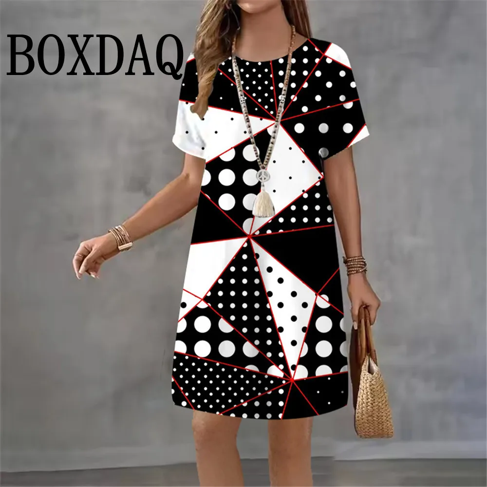 2026 Women Dresses Summer Dot 3D Printed Loose Clothing O-Neck Short Sleeved Clothing Fashionable Tie Dye Geometry Casual Dress