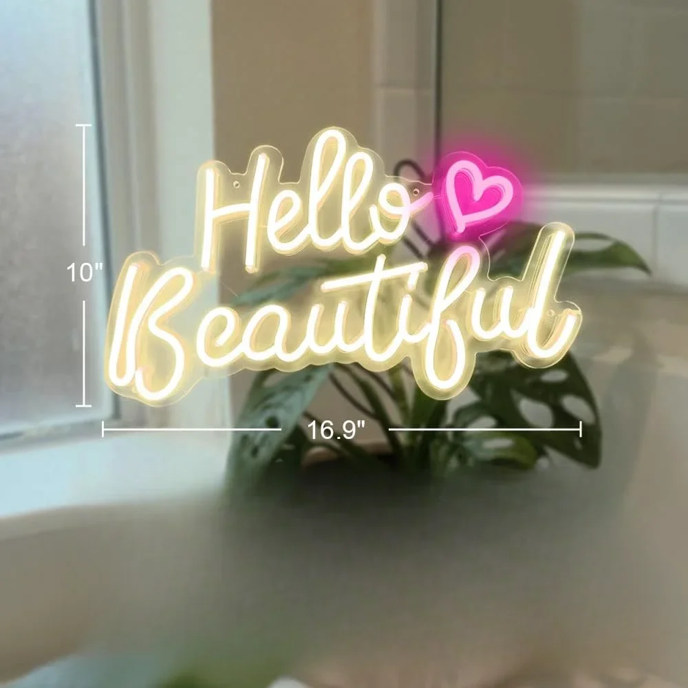 Hello Beautiful Neon Sign for Wall Decor LED Neon Light Sign for Room Bedroom Man Cave Party Decor Gift for Friend USB Powered
