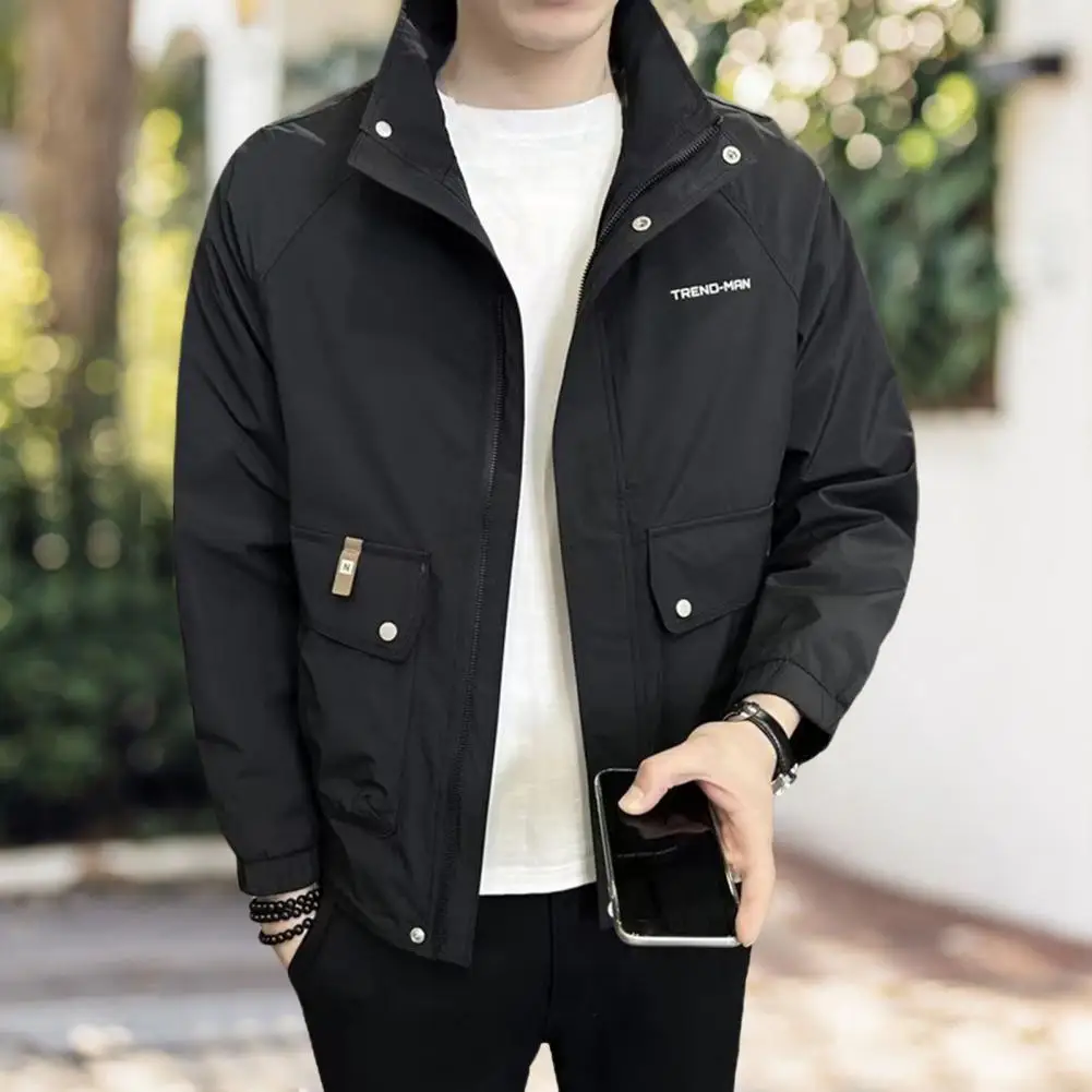 Men Fall Winter Coat Stand Collar Long Sleeve Men Coat Smooth Windproof Zipper Closure Loose Men Jacket