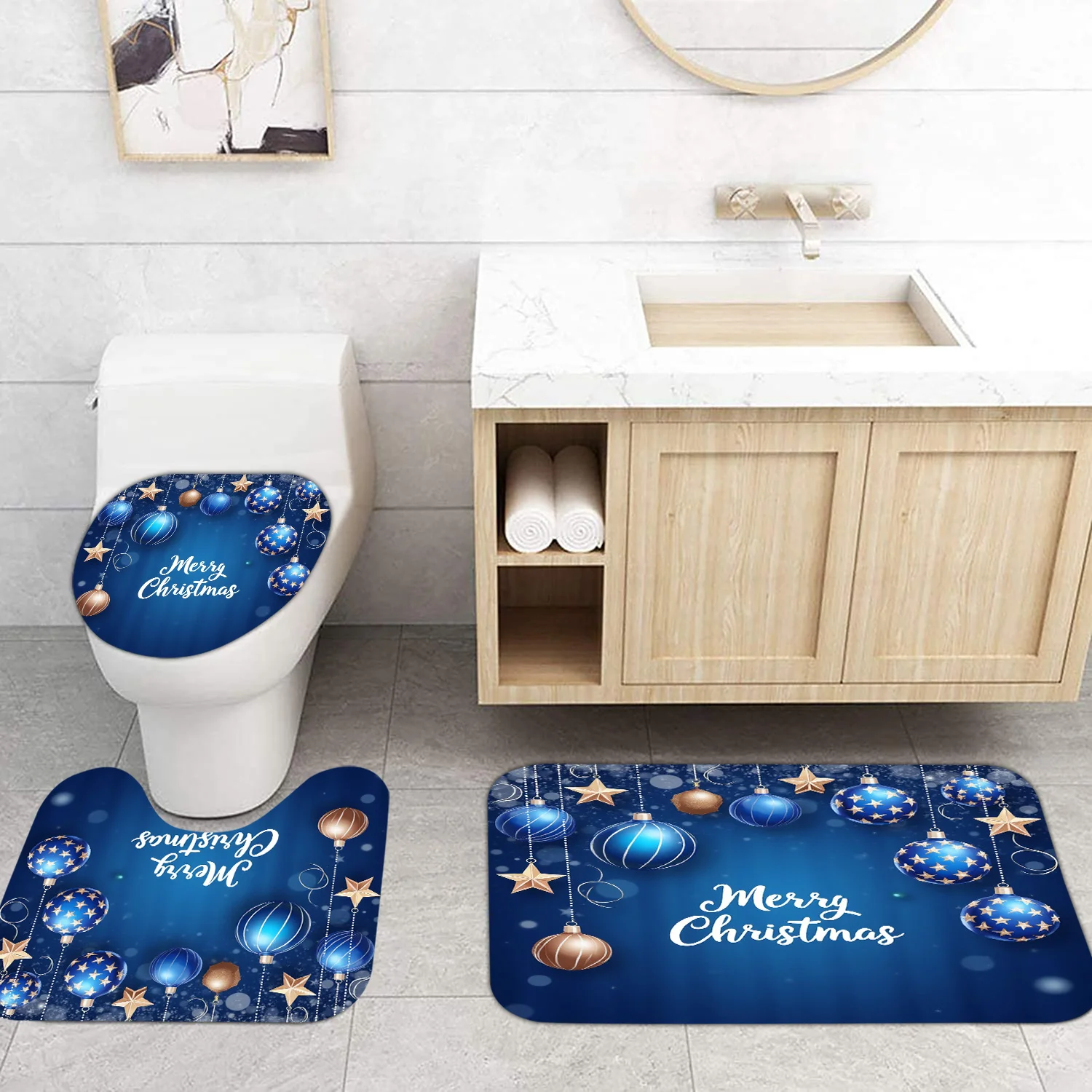 

3pcs ​​Frosted Christmas Ornament Bath Mat Set - Non-Slip Blue & Gold Rug & Lid Cover for Icy Holiday Decor & Winter Elegance​