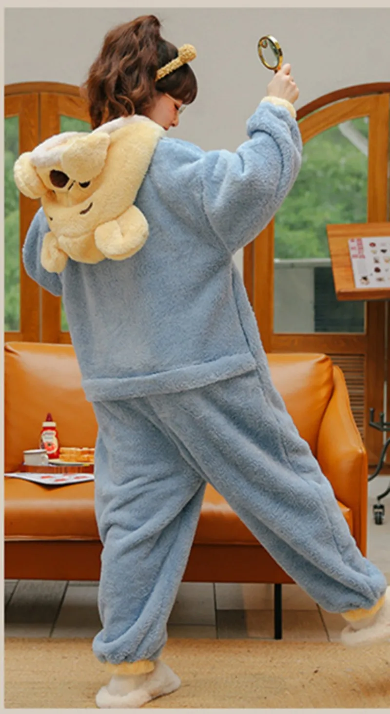 Unisex Winter Warm Cute Animal Carton One-Piece Pajamas Polyester Comfortable Skin-Friendly Blue Cosplay Jumpsuits With A Hat