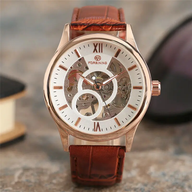 Forsining Mens Watch Hollow Hand-winding Mechanical Skeleton White Dial Roman Number Wristwatch Brown Leather Strap