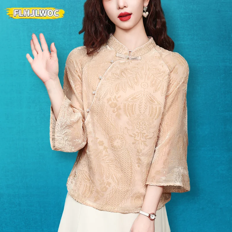 Hot Chinese Style Cheongsam Chi-pao Collar Design Button Tops 2024 Summer Women Date Girls Elegant Retro Shirt Blouse Vintage