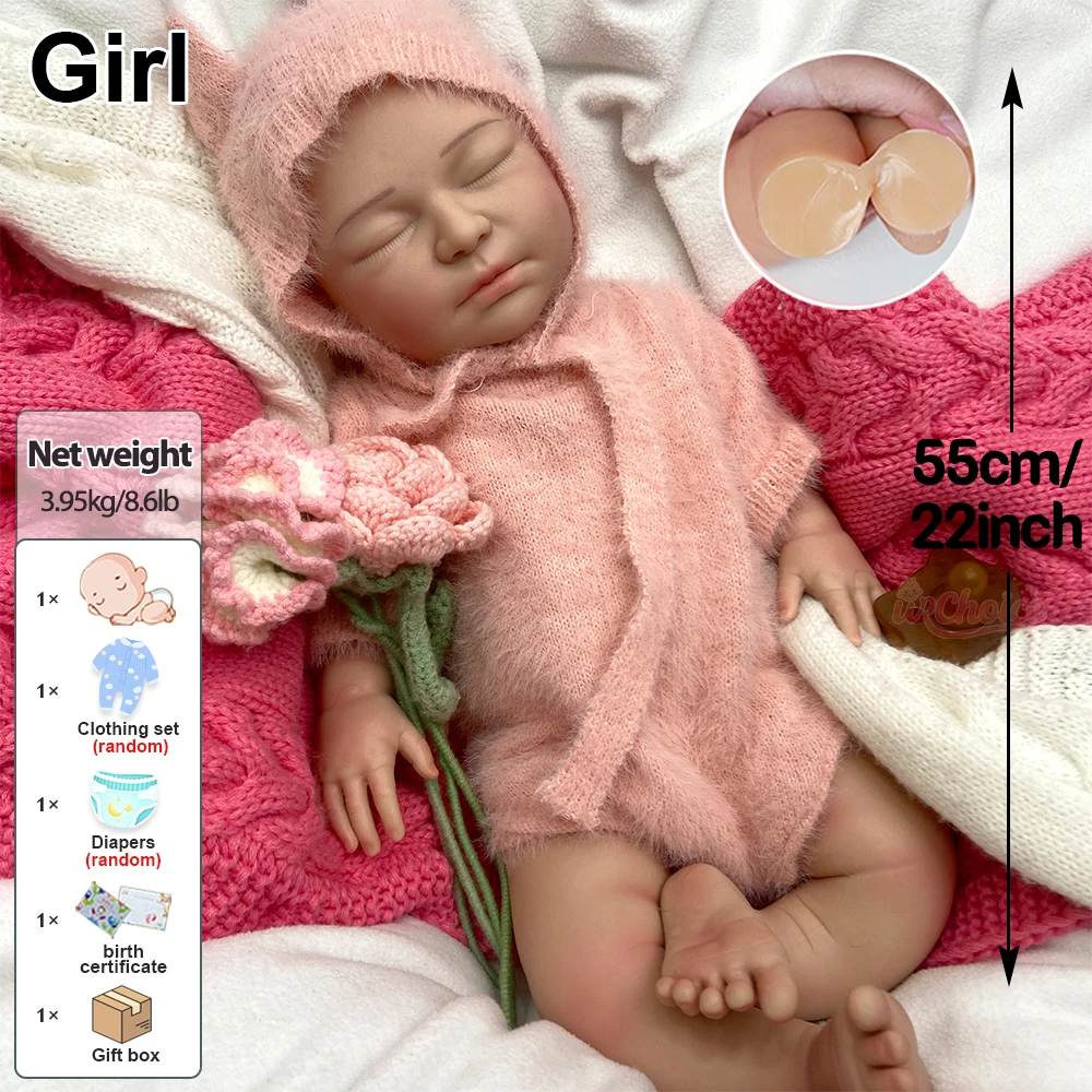 22-calowa silikonowa lalka reborn dziewczynka z pełnym ciałem, może używać smoczków, realistyczna lalka noworodek, miękka, wodoodporna, prezent urodzinowy