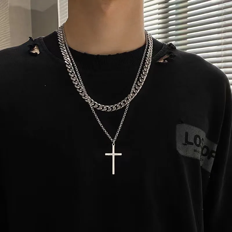 TrendMen Hiphop Rock Cross Crucifix Double Layer Necklaces For Men Boys Silver Color Jesus Metal Clavicle Chain Jewelry Chokers