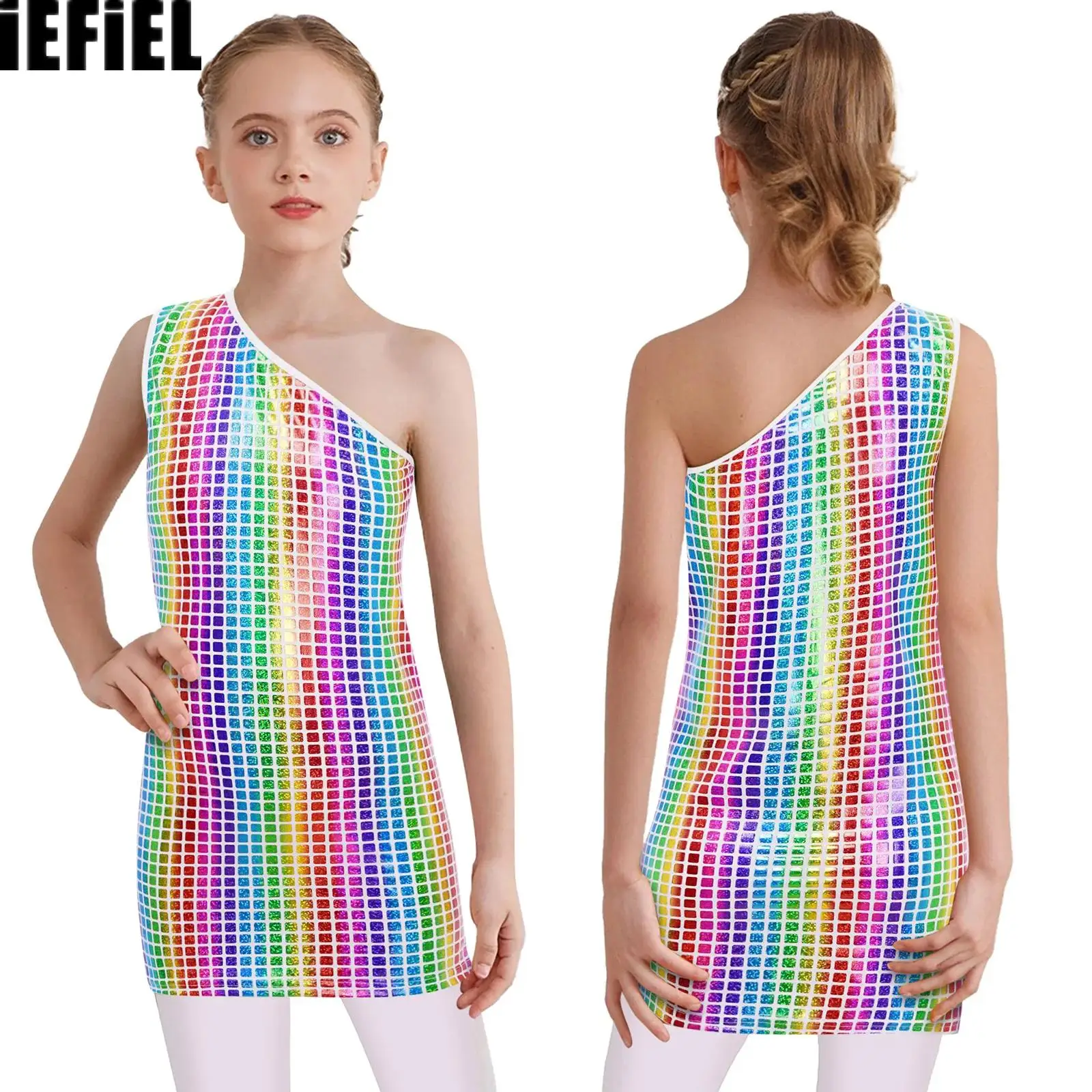 Crianças meninas vestido de dança xadrez um ombro sem mangas metálico cheerleading palco desempenho jazz traje