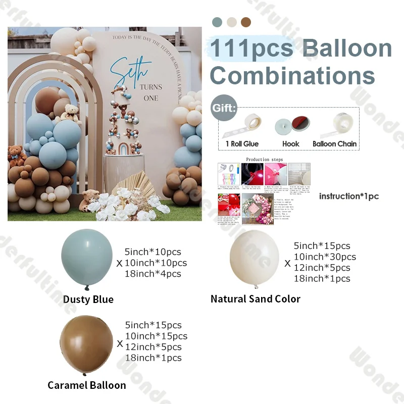 111pcs Bear Balloon Arch Dusty Blue Caramel Party Balloons Baby Shower Gender Reveal Birthday Party Kit Boho Bridal Shower