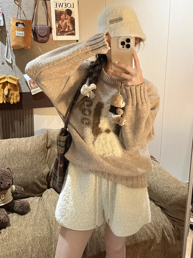Calções de pele de cordeiro falso feminino cintura alta exterior usar calças quentes, outono inverno quente velo shorts moda coreana