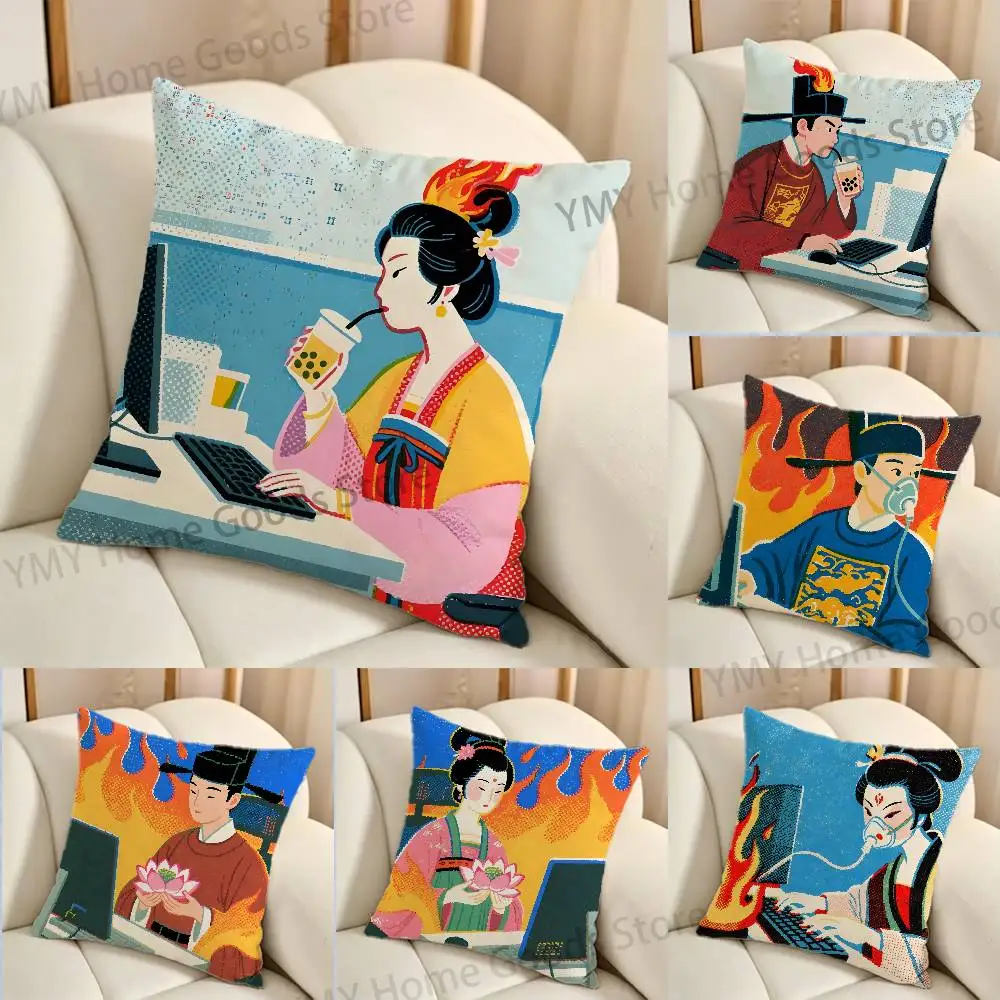 Funny Work Ancient People Cartoon Printing Pillowcase Customized Pillow Cover for Sofa Home Decor