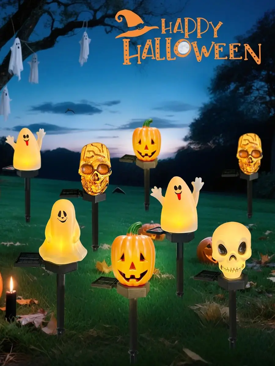 1 Stück gruseliges Halloween-Pfahllicht, Kürbis, Skelett und Geistergarten, wasserdichte Wegeleuchte, solarbetrieben, für Zuhause, Hof, Party, Dekoration