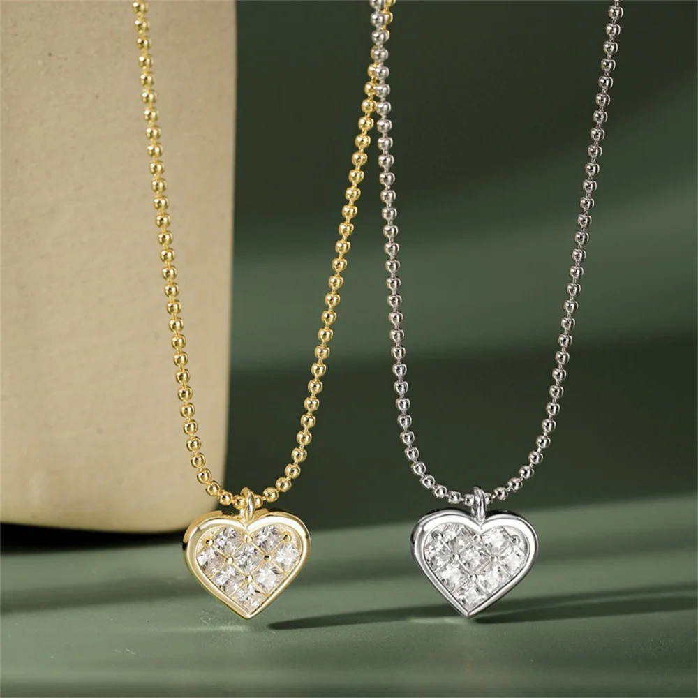 

Korean S925 Necklace - Heart CZ Pendant, Bead Chain, Women's Versatile Collar