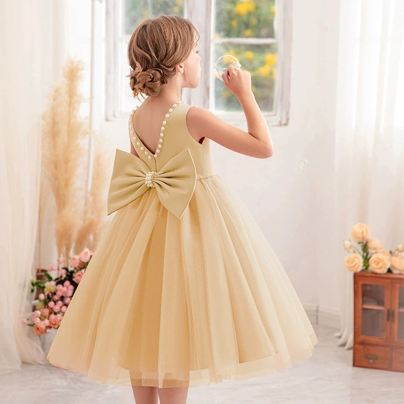 Tulle Big Bow Girls Dress Summer New Fashion Girls Princess Dress Piano Performance Costume Host Costume Children's Clothing