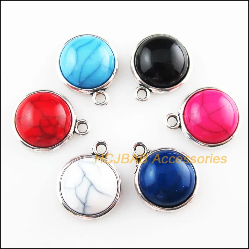 Fashion 12Pcs Tibetan Silver Plated Round Mixed Stone Charms Pendant 14x17mm