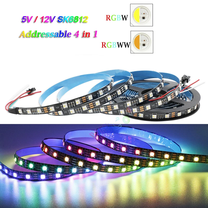 

5V 12V DC 60leds/m addressable RGBWW RGBW 4 colors in 1 LED Strip SMD 5050 RGB White pixle IC SK6812 Lamp Tape Smart Light bar