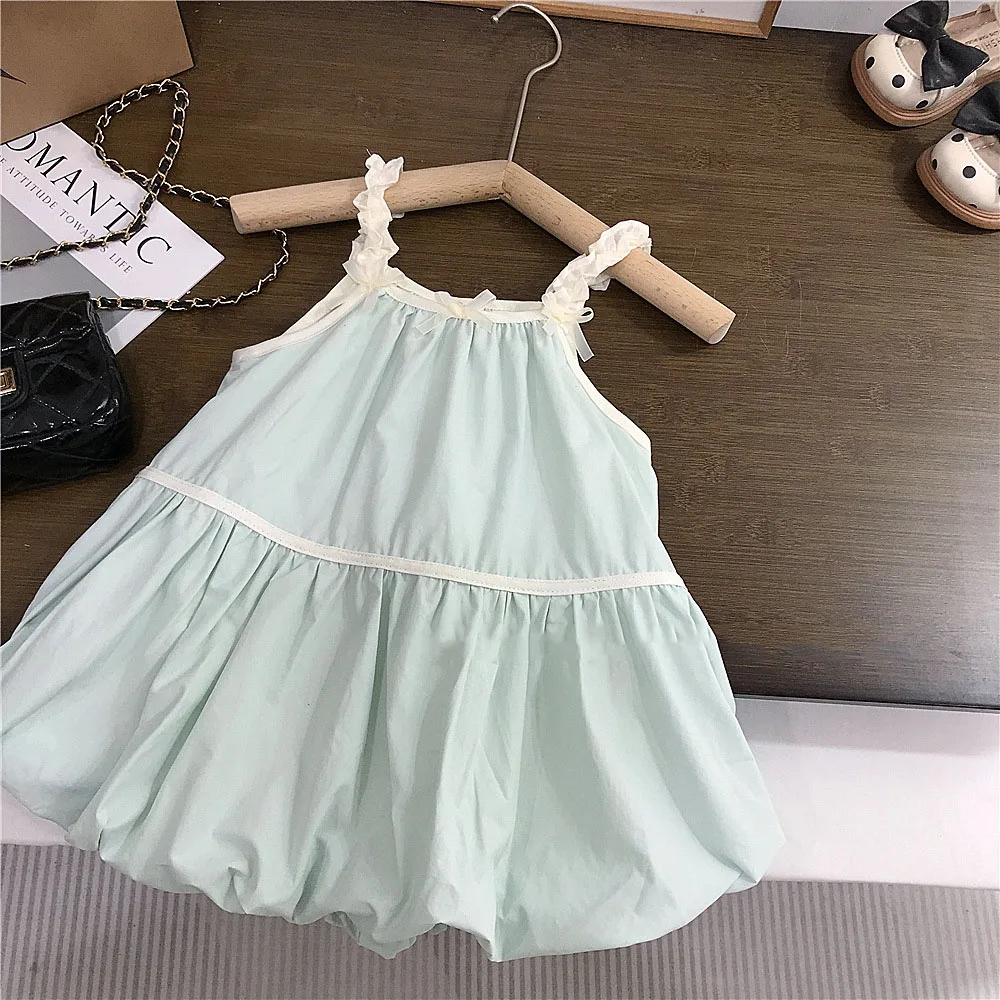 Girls Summer Mint Dress Solid Spaghetti Strap A-line Soft Dresses Patch Bows Cute Princess Outfits 2-8Y Children Leisure Vestido