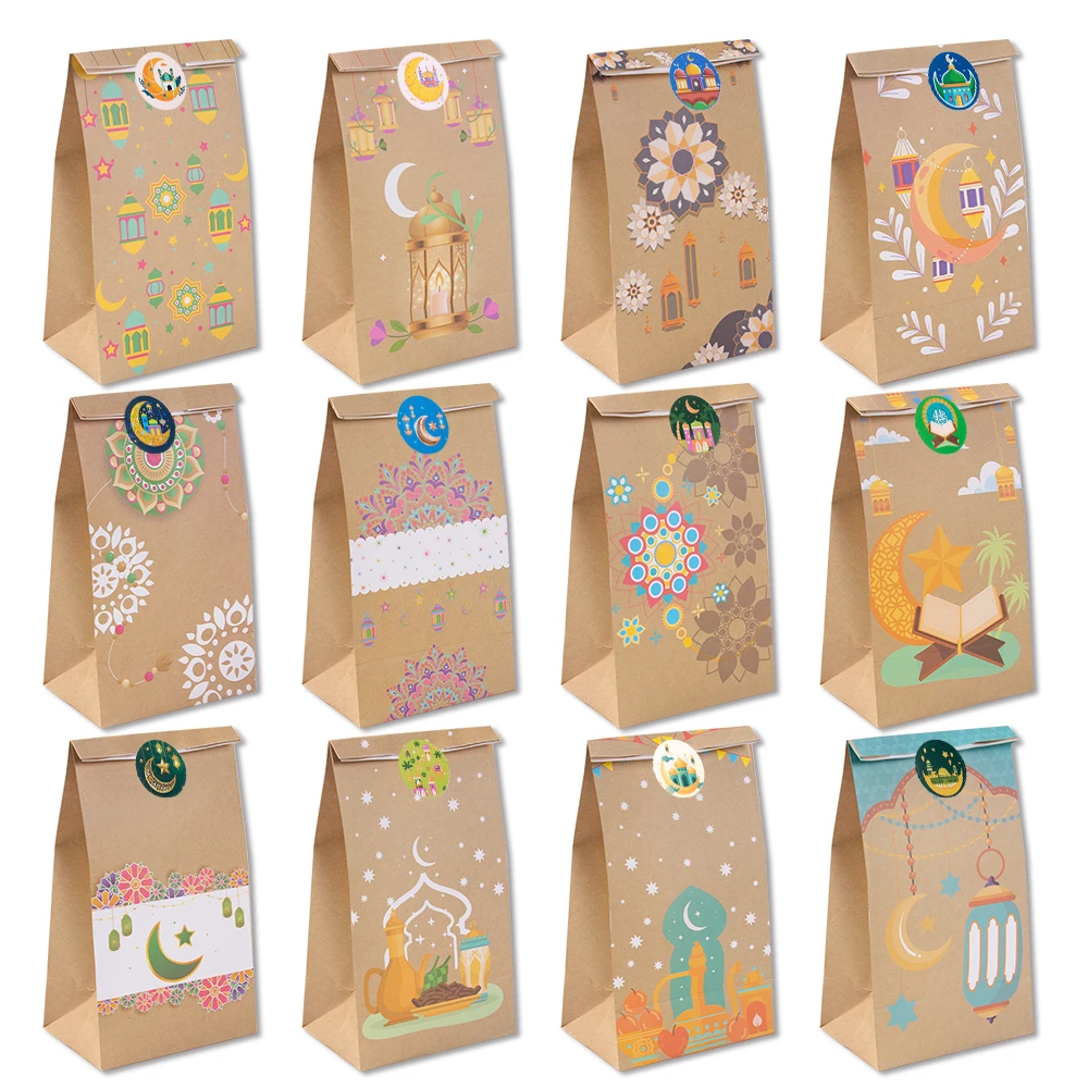 

12pcs Eid Mubarak Paper Bags with Stickers Ramadan Goodie Candy Paper Bags Eid Mubarak Party Favor Bags Eid Party Supplies