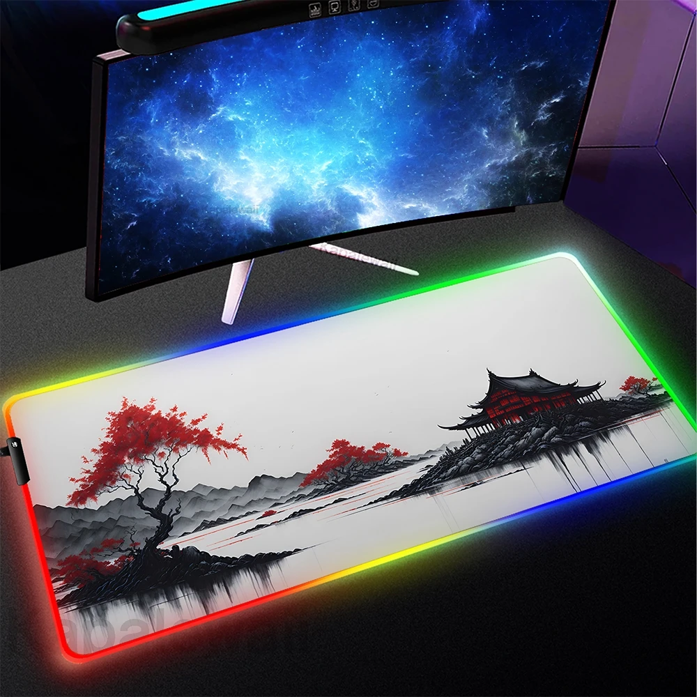 Mountain Serenity Gaming Mousepad Game Slipmat RGB LED Gamer XXL Mouse Pad Keyboard Mat Mausepad Luminous Big Deskmat Backlit