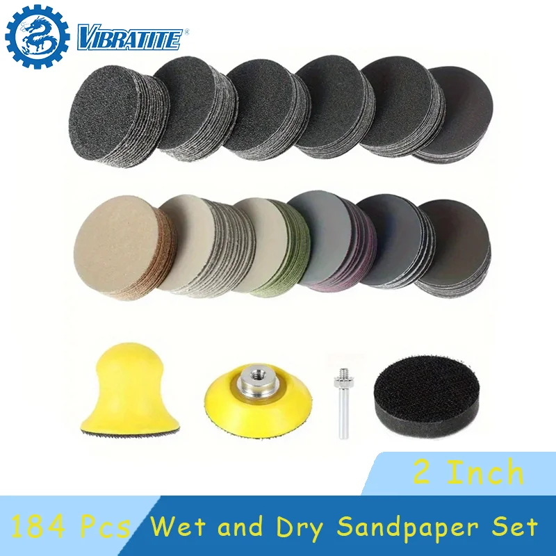 2 Inch Hook & Loop Sanding Discs Set 184 Pcs Wet/Dry Assorted 60-10000 Grit Sandpaper for Polishing and Sanding Wood Metal Car