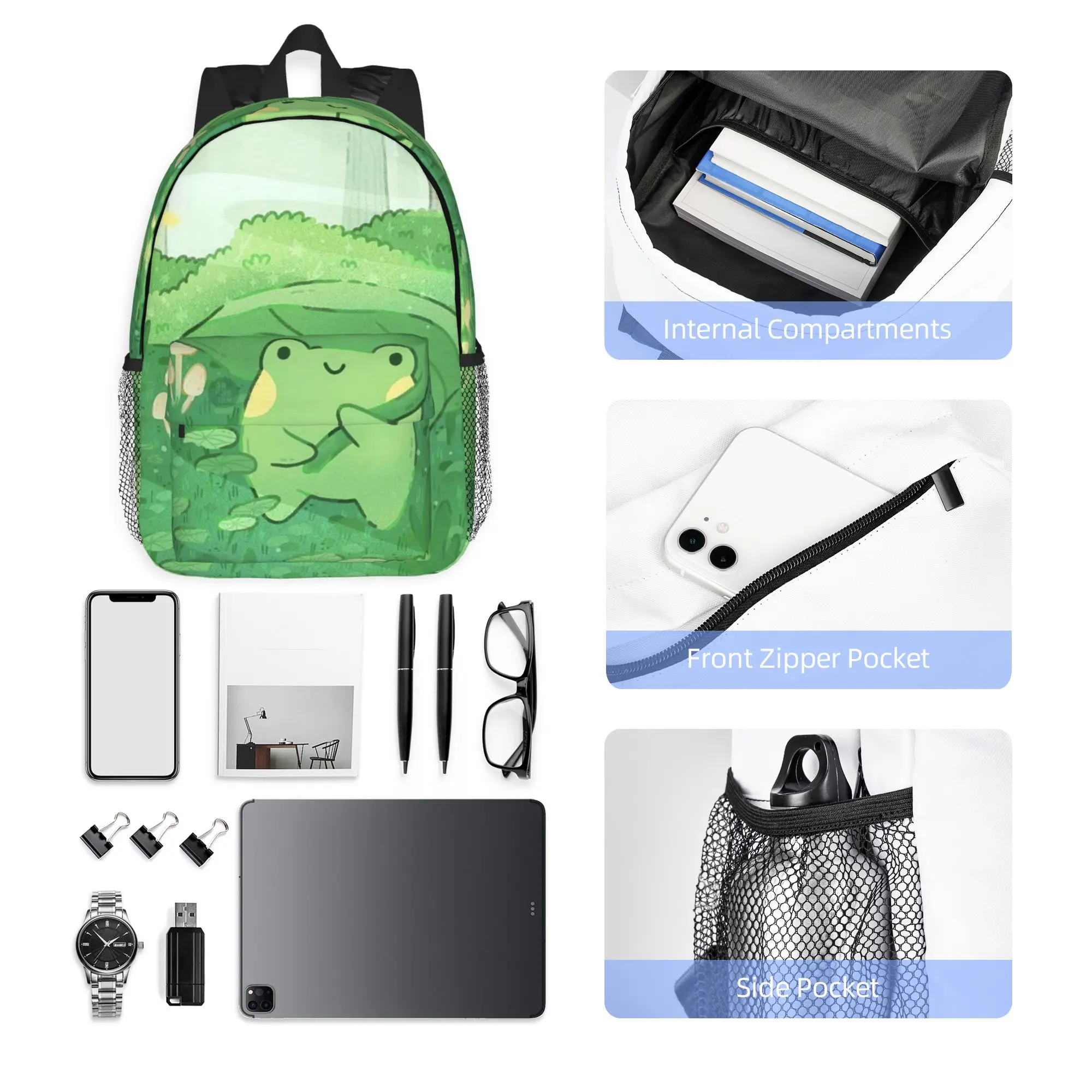 Cute Frog Under Leaf Rain Design Backpack Hot Sale Daypack Large Capacity Boy Girl BookBag Shoulder Bag for Men Women School Bag