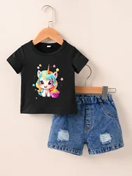 Summer New Male And Female Baby Short Sleeve White T-Shirt Round Neck Pullover Top + Denim Trousers