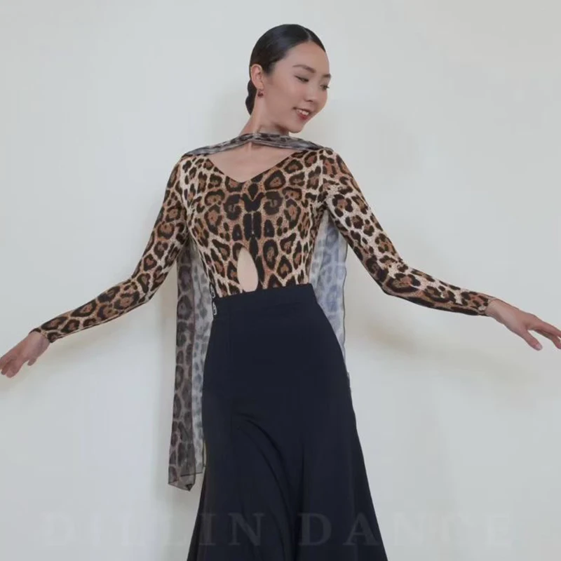 긴 소매 볼룸 댄스 탑 여성 라틴 댄스 연습 의류 레오파드 블랙 브이넥 백리스 바디수트 댄스웨어 BL18287