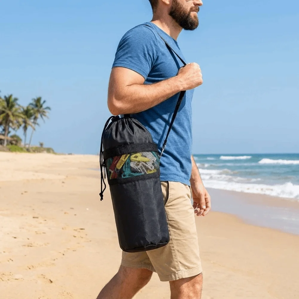 Oxford Cloth Drawstring Storage Bag Adjustable Large Capacity Mesh Hanging Storage Bag Round-Bottomed with Shoulder Strap