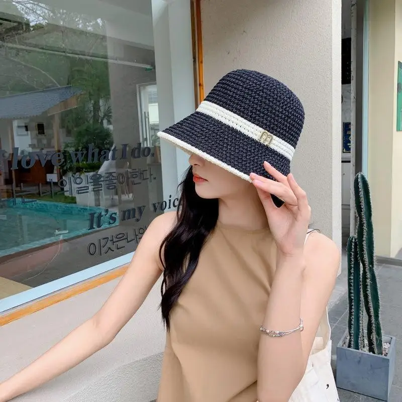 Quick-Drying Hat Summer Knitted Hollowed out Breathable Fisherman Hat Female Letter All Casual Sunshade Sunblock Hat Thin Bucket