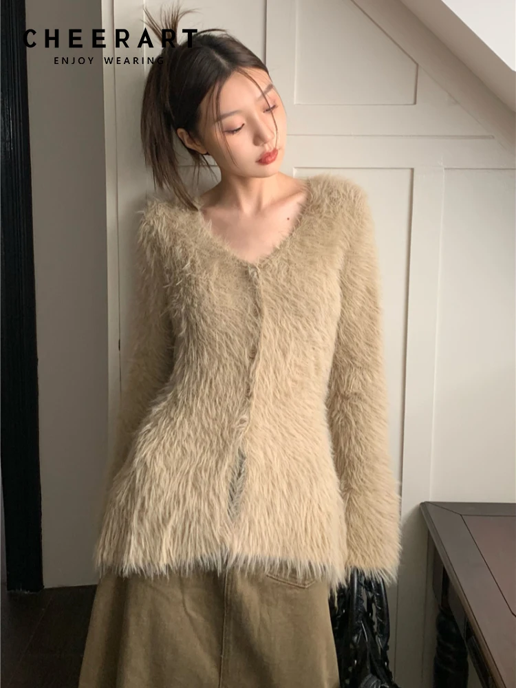 CHEERART Mohair Khaki Fuzzy Cardigan Women V Neck Button Up Flare Sleeve Fluffy Designer Long Cardigan Korean Fashion Knitwear