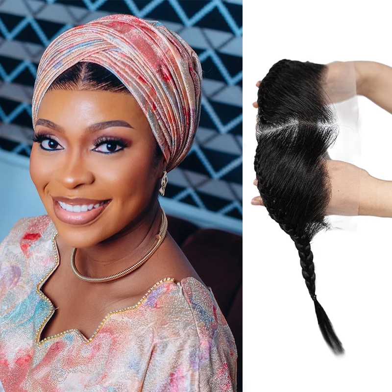 

10inches 100% Human Hair 13x4inch Lace Front Plait Wig Black Gele Frontal Wig with Baby Hair Wig for Women