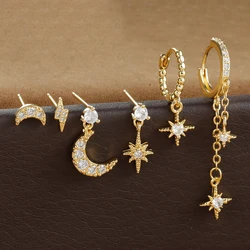 6PCS New Stainless Steel Chain Star Moon Hoop Earrings Set For Women Cubic Zirconia Pendant Cartilage Earring Piercing Jewelry