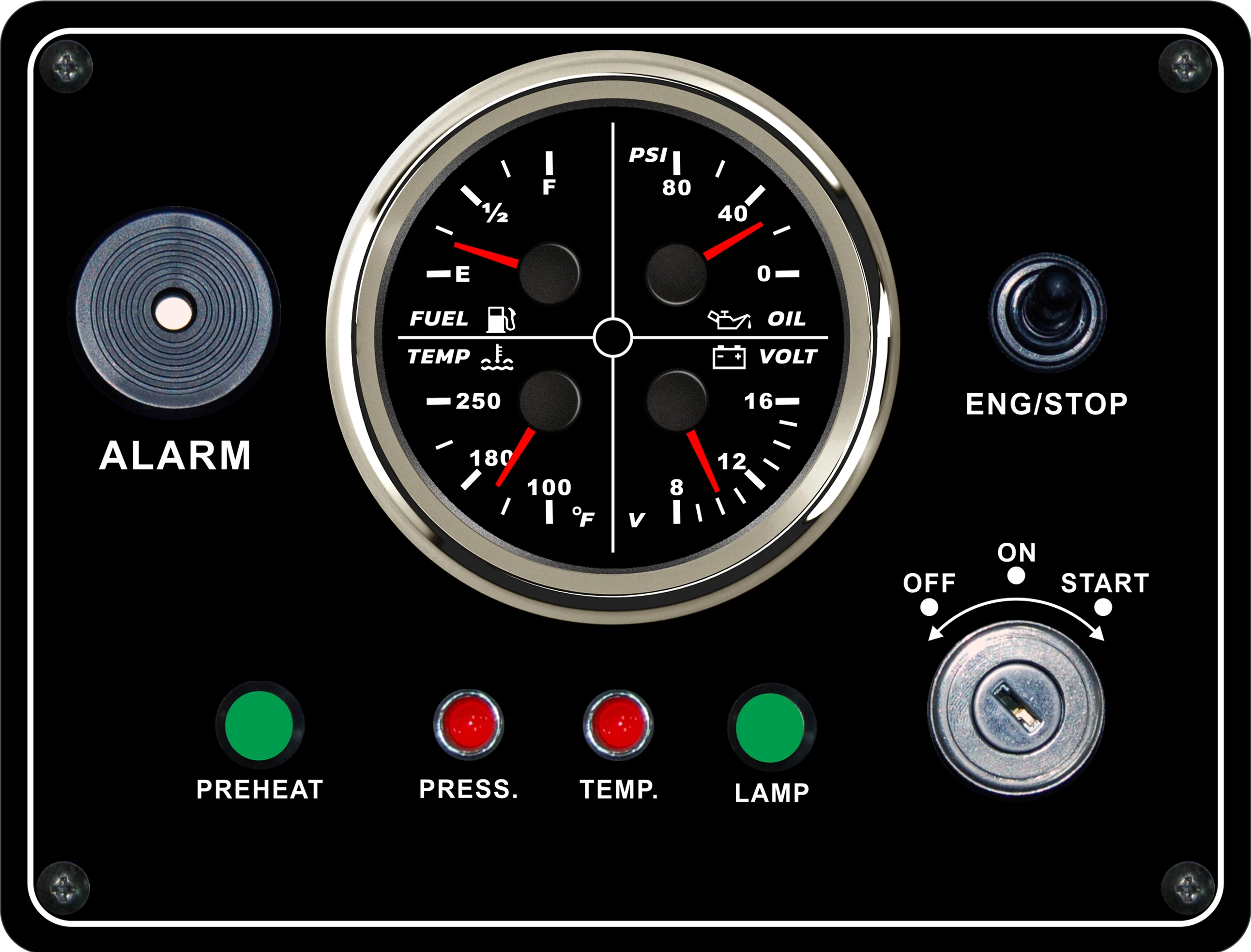 

ELING Multifunction Instrument Panel with 4 in1 Gauge Fuel Level Water Temp. Oil Pressure Voltmeter 210*160 mm for Boat Car 12V
