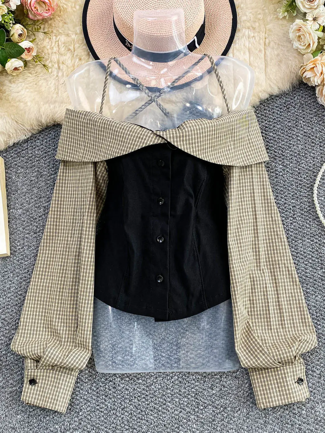 

Сексуальная короткая рубашка без рукавов в клетку, женская приталенная рубашка с длинным рукавом и одним открытым плечом, в корейском стиле, для повседневной носки, осенний топ