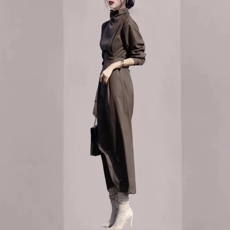 Women\'s Early Spring Fashion High Necked Button Solid Color Patchwork Ruched Long Sleeved 2024 New Commute Slim Pullover Dresses