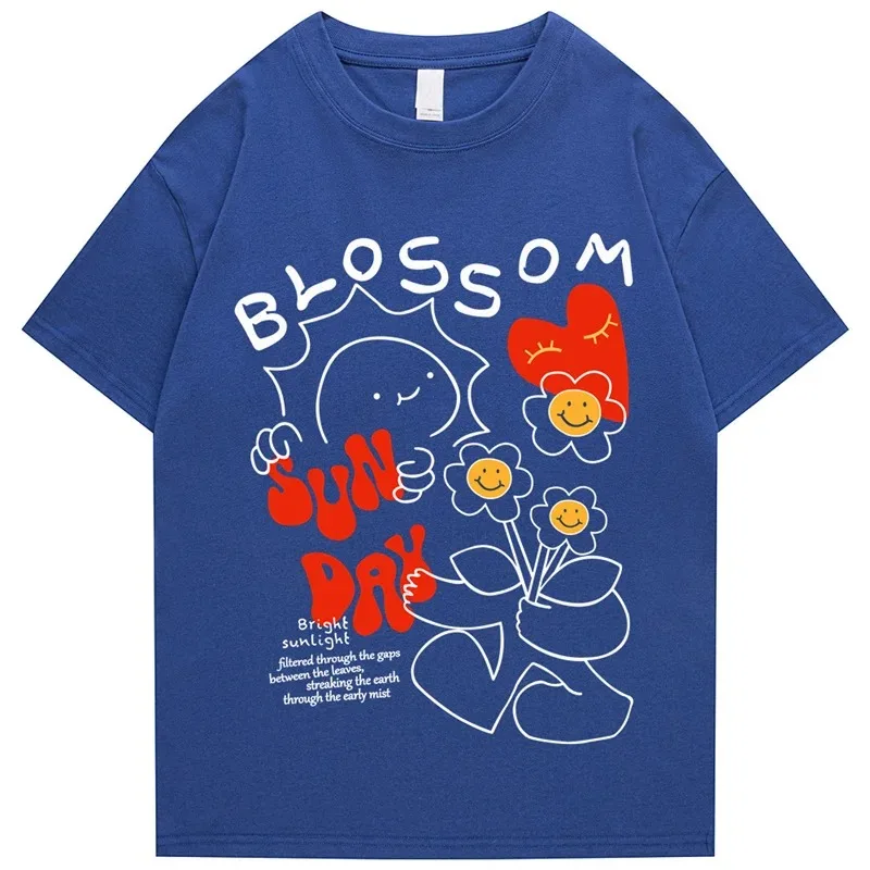 Harajuku Blossom Print T Shirt Hip Hop Streetwear Tshirt Women Men Summer Short Sleeve T-Shirt Floral Green White Tops Tees Male