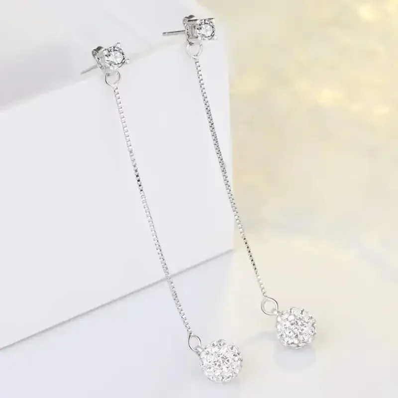 Women's Fashion Ball-Shape Drop Earrings Shiny Micro Crystal Paved Long Box-Chain Tassel Trendy Earring Piercing Line Jewelry