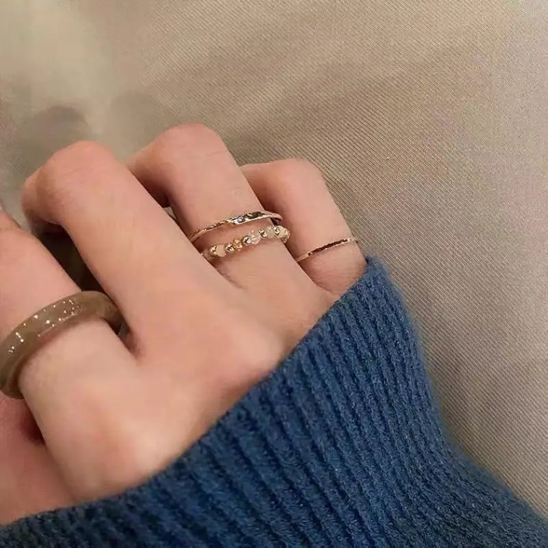 4 Pcs Chic Resin Geometric Irregular Line Bead Ring for Women Beaded Ring Set Plastic Party Jewelry Christmas Gift for Her