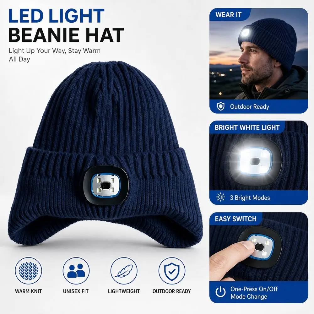 Rechargeable LED Light Beanie Three Brightness Levels Warm and Elastic Lighted Beanie Hat Knitted White LED Light