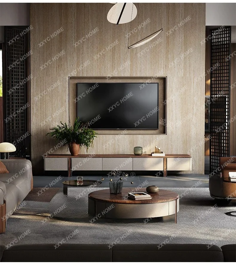 A TV cabinet combination villa large flat floor living room size round light luxury advanced coffee table