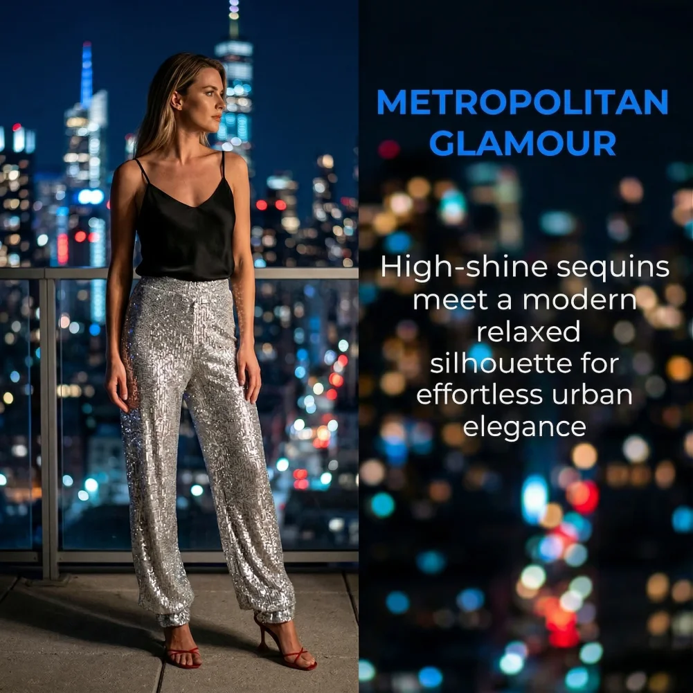 Women Pants Loose Fit Women Pants Women’s Mid-rise Wide Leg Pants Sparkling Sequin Trousers Stage Dance Nightclub Party Wear
