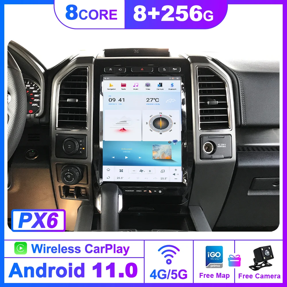 vertical Style Android 8G+256G Car GPS Navigation For FORD F150 SYNC 2015-2019 Wireless Carplay Stereo Multimedia Player Radio