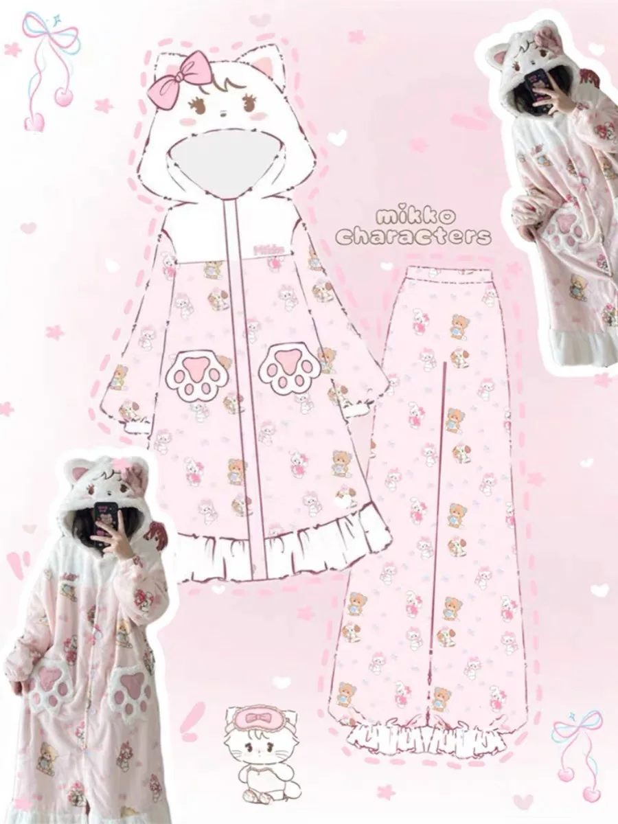 Mikko Cartoon-Flanell-Nachthemd mit Kapuze für Damen, Winter-Thermo-Nachtwäsche-Set, niedliche Homewear, Loungewear, gemütliches Pyjama-Outfit