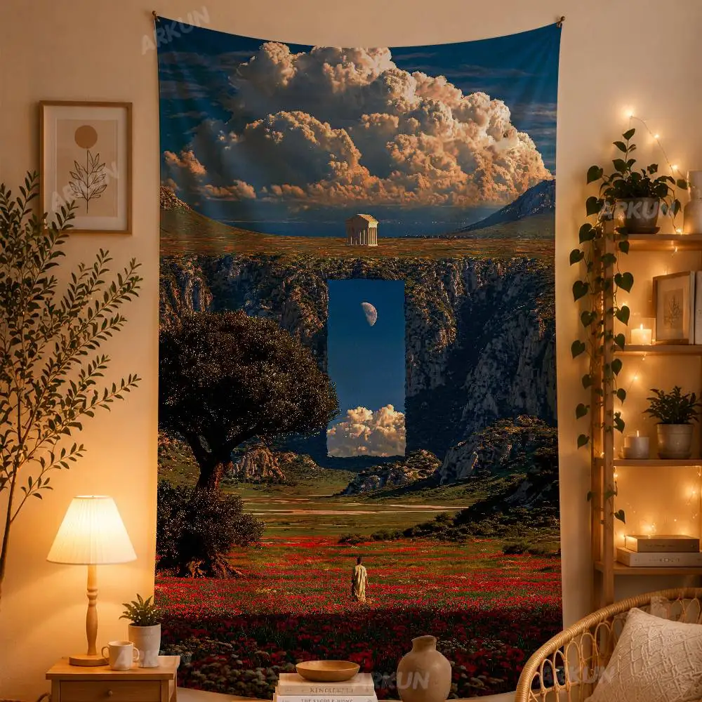 Surreal Dreamlike Landscape Tapestry Fantasy Mountain Field Cloud Moon Scenery Trippy Nature Abstract for Bedroom Dorm Room